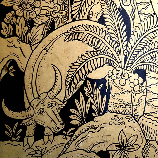 Thai Motif: Buffalo and coconut tree